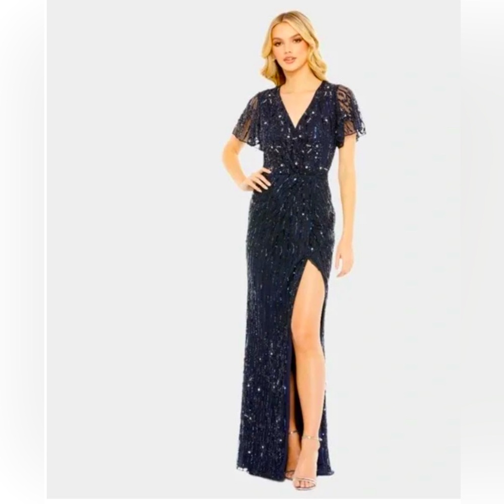 NWT Mac Duggal Dark Navy Blue Maxi Embroidered Dress Size 10